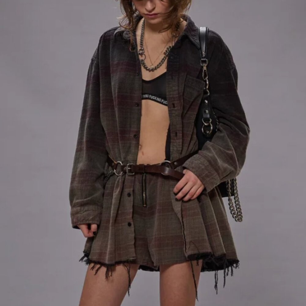 NWT R13 Oversized Shirtdress Romper Overdyed Black Plaid